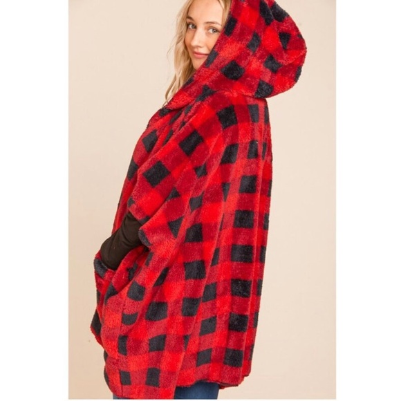 Red Plaid Sherpa Cardigan Open Front Hooded Relaxed Fit - Picture 8 of 11